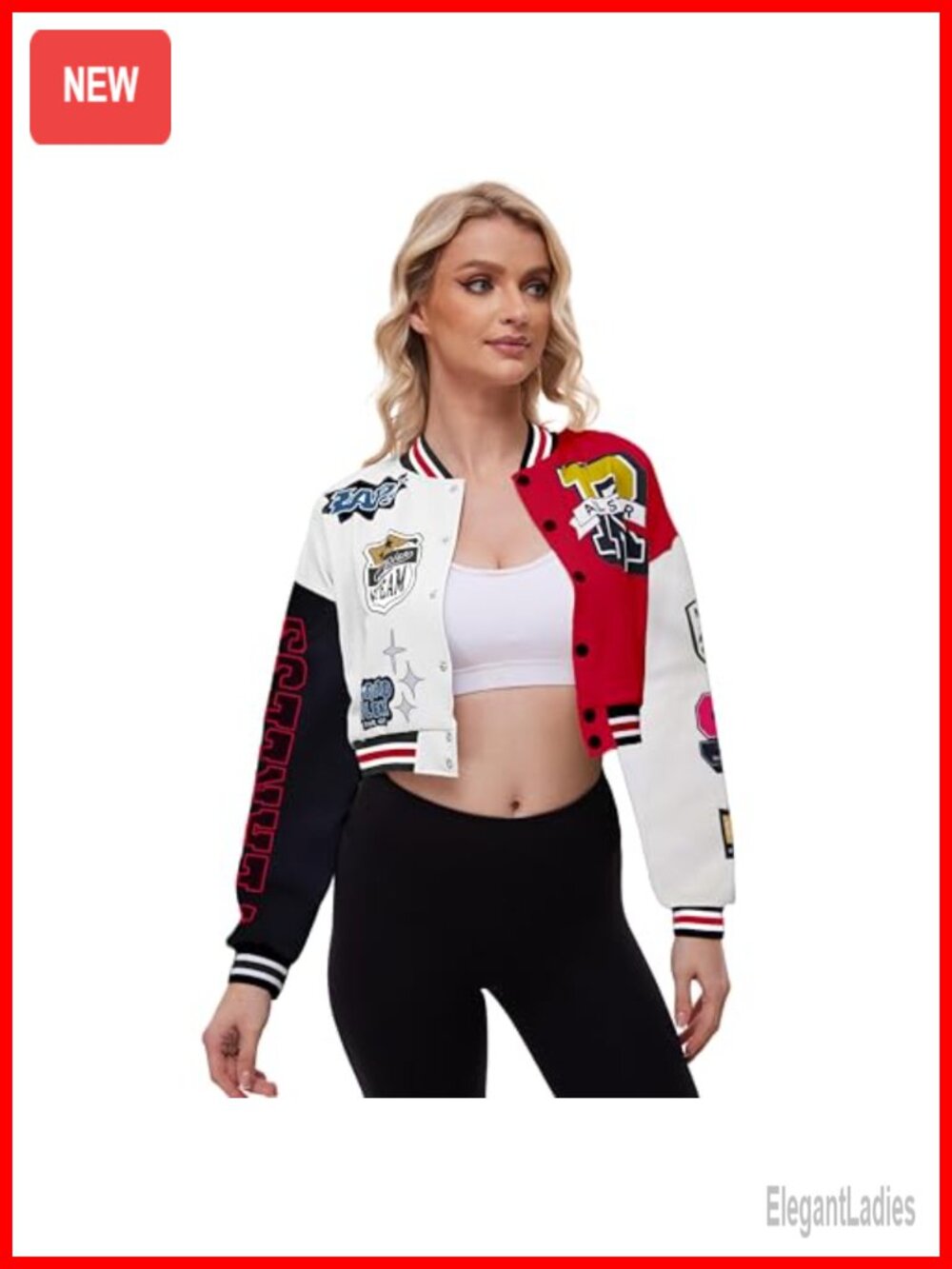 Women's Cropped Varsity Jacket Colorblock Print Bomber Button Down Long Sleeve